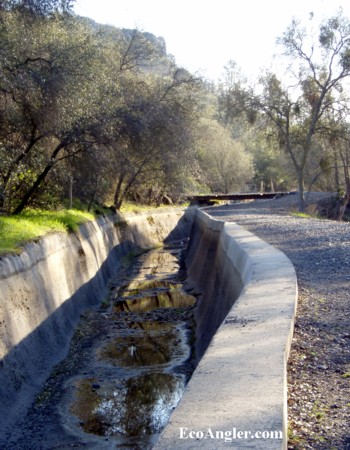 Irrigation canals parallel the Stanislaus River flowing down Goodwin Canyon