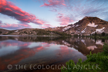 Sunset colored clouds reflect off of  Dorothy Lake along the Pacific Crest Trail in Yosemite National Park