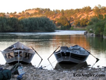 A couple of drift boats parked along the Sacramento River